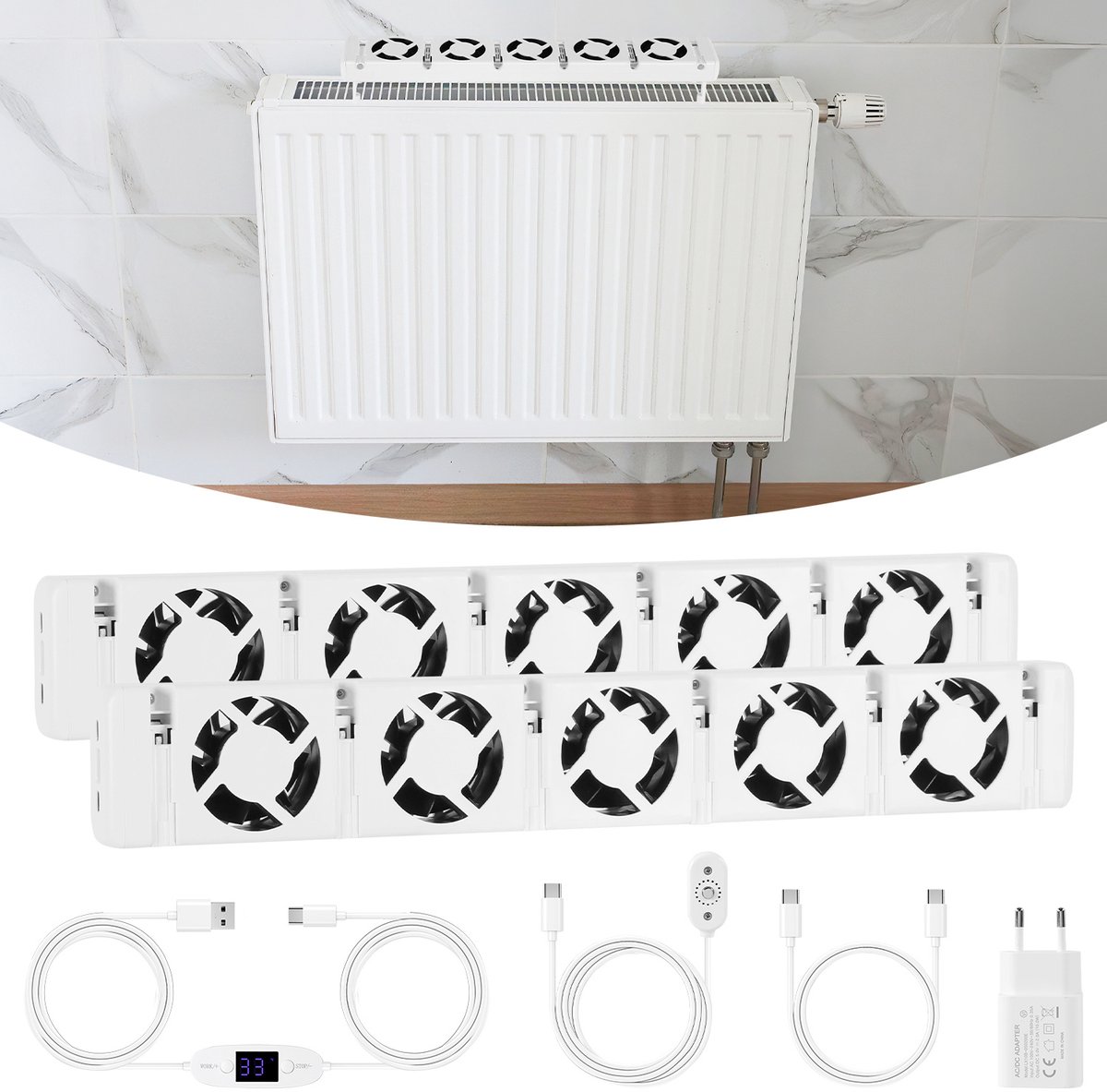 Radiatorventilator, 2 x 5 ventilatoren, thermostaat, 150 tot 200 cm