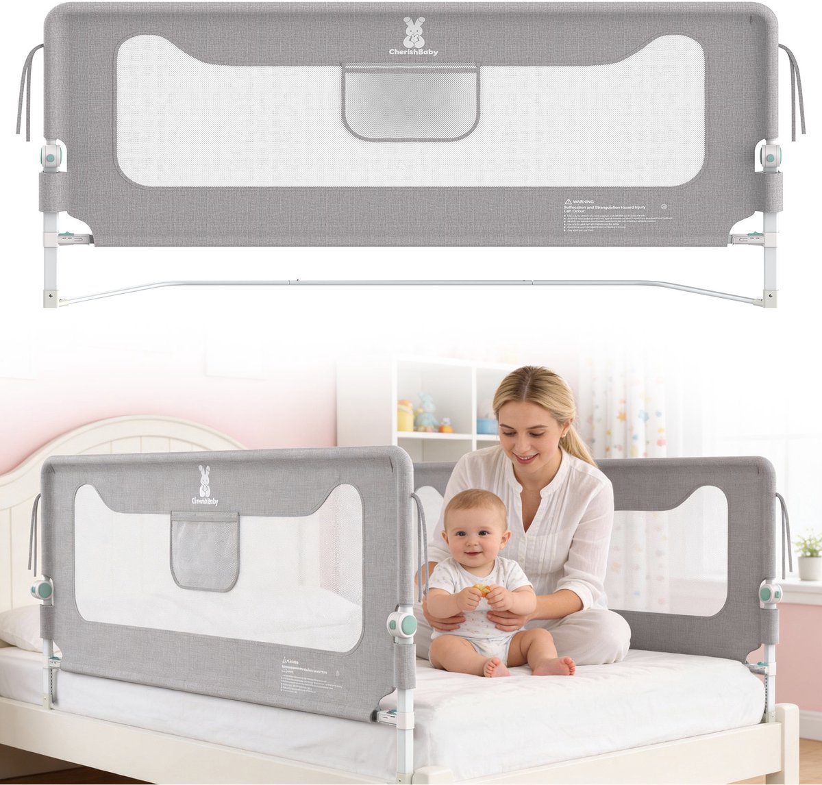 Arvioo‑Bedhekje‑200cm‑opklapbaar‑hoogteverstelbaar‑veiligheidshek voor babybed