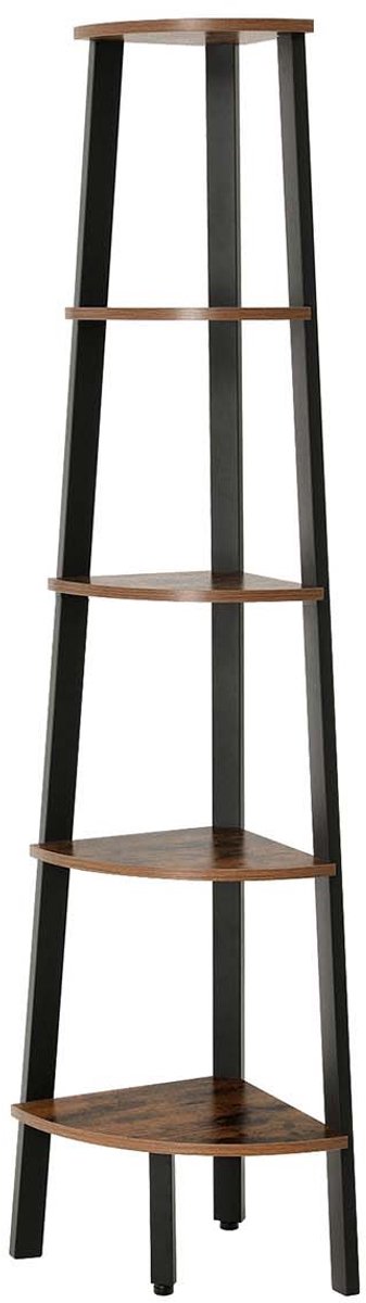 Hoekrek 5-laagse trapeziumvormige boekenkast Opbergrek Displayrek 32,5x34x159cm Bruin + Zwart Stevig en duurzaam metalen frame Max. draagvermogen per plank 5 kg Met verstelbare voetdoppen Compact ontwerp ruimtebesparend