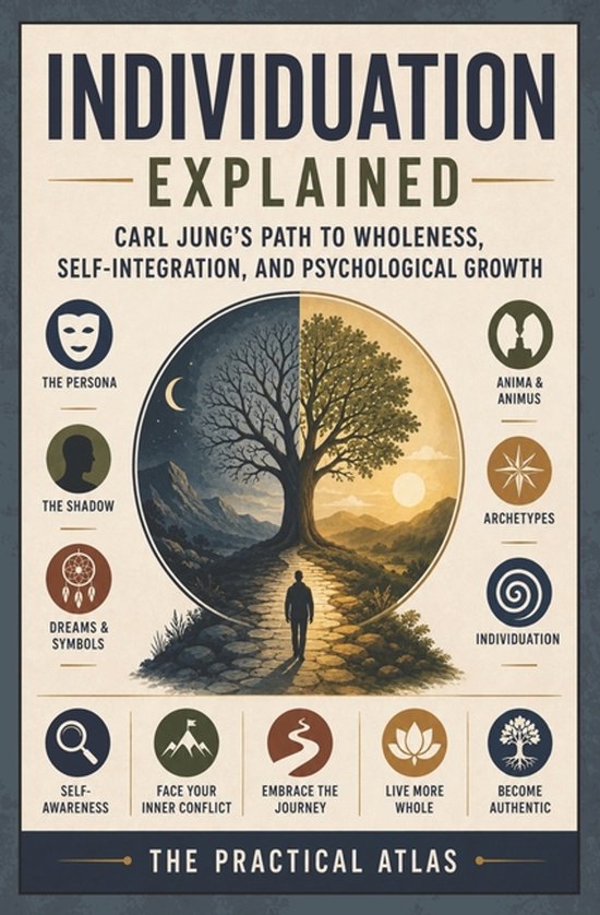 Educatieve poster over individuatie, met een boom in een landschap en symbolische iconen van Jungiaanse concepten.