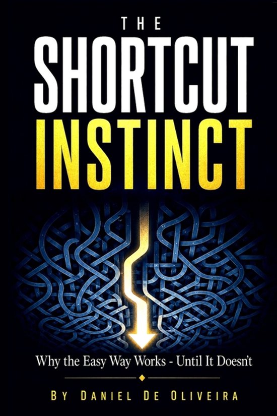 Boekomslag van The Shortcut Instinct met een oplichtende pijl door een wirwar van blauwe lijnen op een zwarte achtergrond.