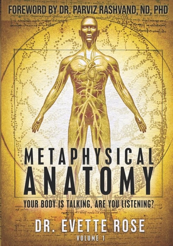 Couverture de livre avec une figure humaine anatomique dorée, montrant les vaisseaux sanguins. Titre : Metaphysical Anatomy.