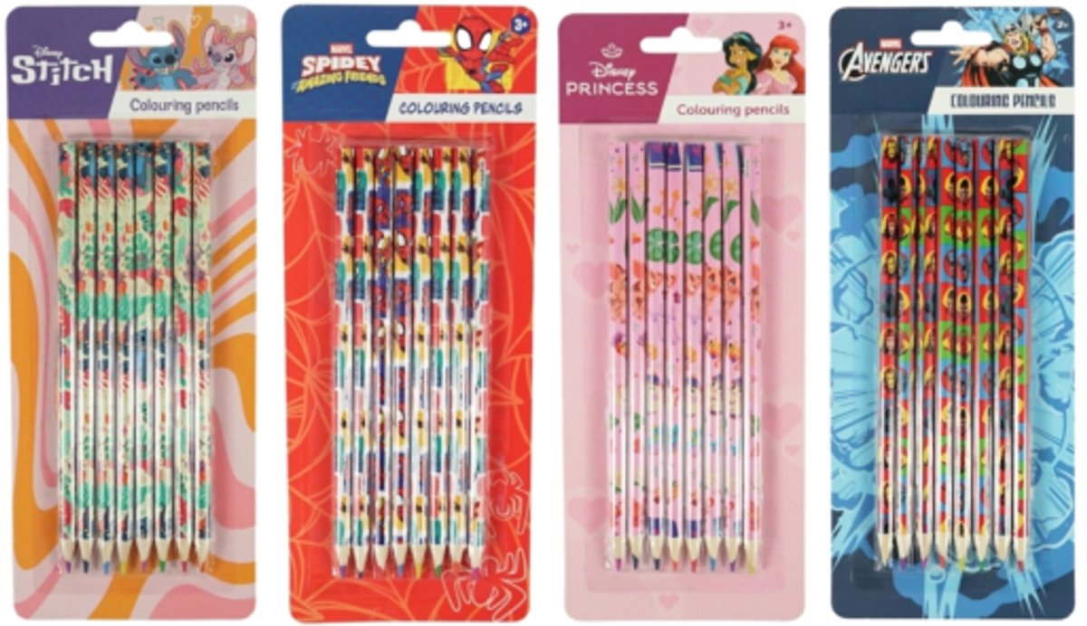 Disney kleurpotloden - Spidey - Stitch - Avengers - Princess - 4 x 8 kleurpotloden