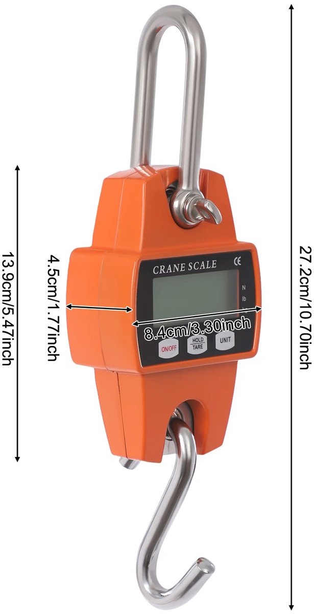 Cherrys Finds - Digitale Kraanweegschaal - Hangweegschaal - 0,5-300 kg - LCD Display – Met Stalen Haak – Voor Bouw & Industrie - Overbelastingsalarm - N/lb/kg-eenheden - Oranje -
