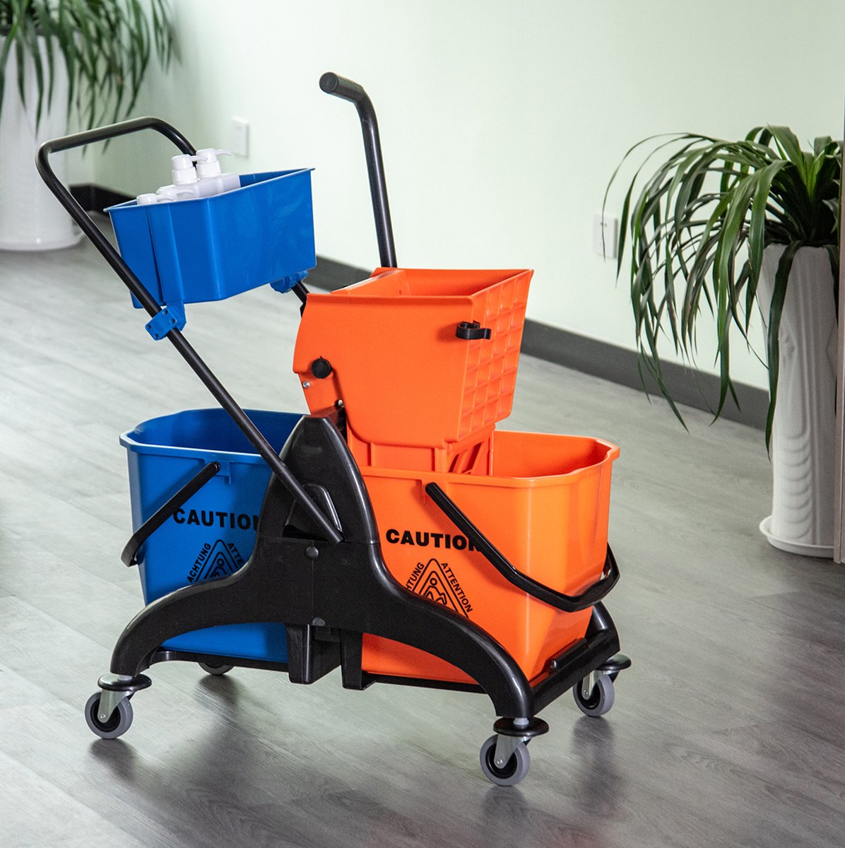 REDOM - Mopset - Professionele reinigingswagen met 2 emmers en wringer - Met wielen - Kunststof - Oranje blauw zwart - 78 x 45 x 95 cm