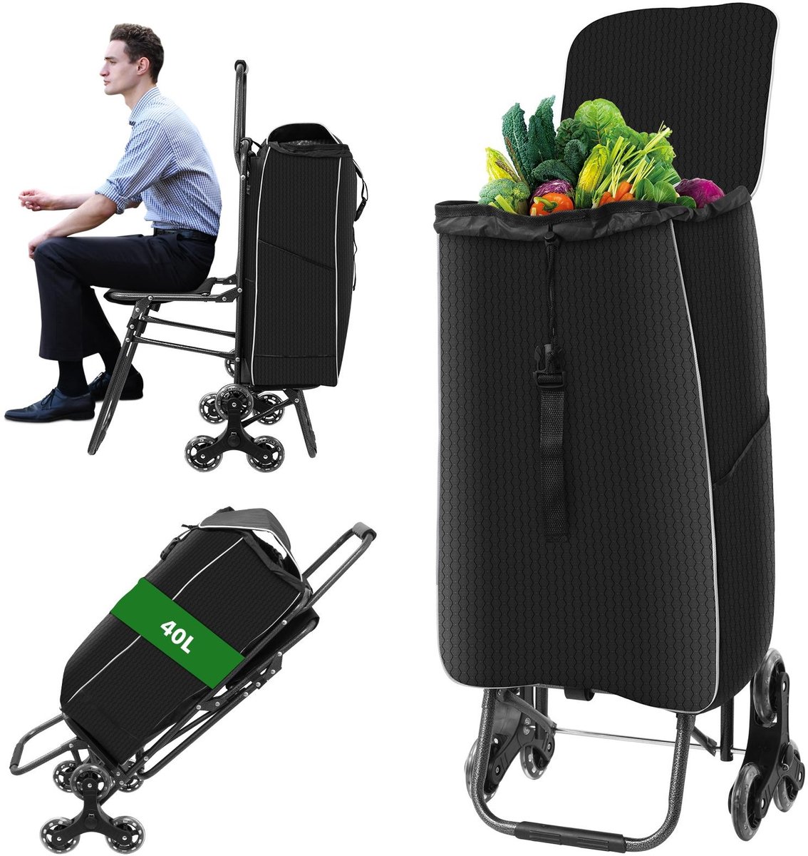 North Collective Boodschappen Trolley met Zitje - 6 Klimwielen - Inklapbaar Opvouwbaar - Afneembare Tas - 40L - Zwart