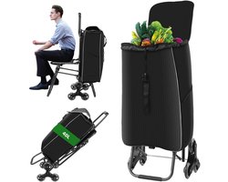 North Collective Boodschappen Trolley met Zitje - 6 Klimwielen - Inklapbaar Opvouwbaar - Afneembare Tas - 40L - Zwart
