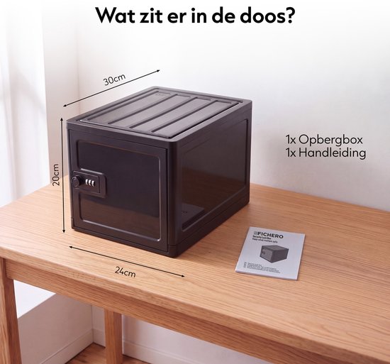 Zwarte opbergbox met cijferslot op een houten tafel. Afmetingen 30x24x20cm. Bevat 1 opbergbox en 1 handleiding.