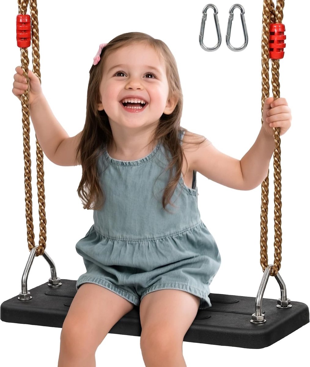 Zwenkboard voor Buiten met Antislip, Weerbestendig en Verstelbaar Touw tot 180 cm, Geschikt voor Kinderen tot 90 kg vanaf 3 Jaar, Duurzaam Zwart Rubber