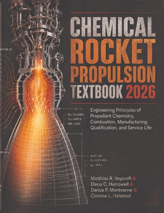Boekomslag met een gloeiende raketmotor en de tekst Chemical Rocket Propulsion Textbook 2026.