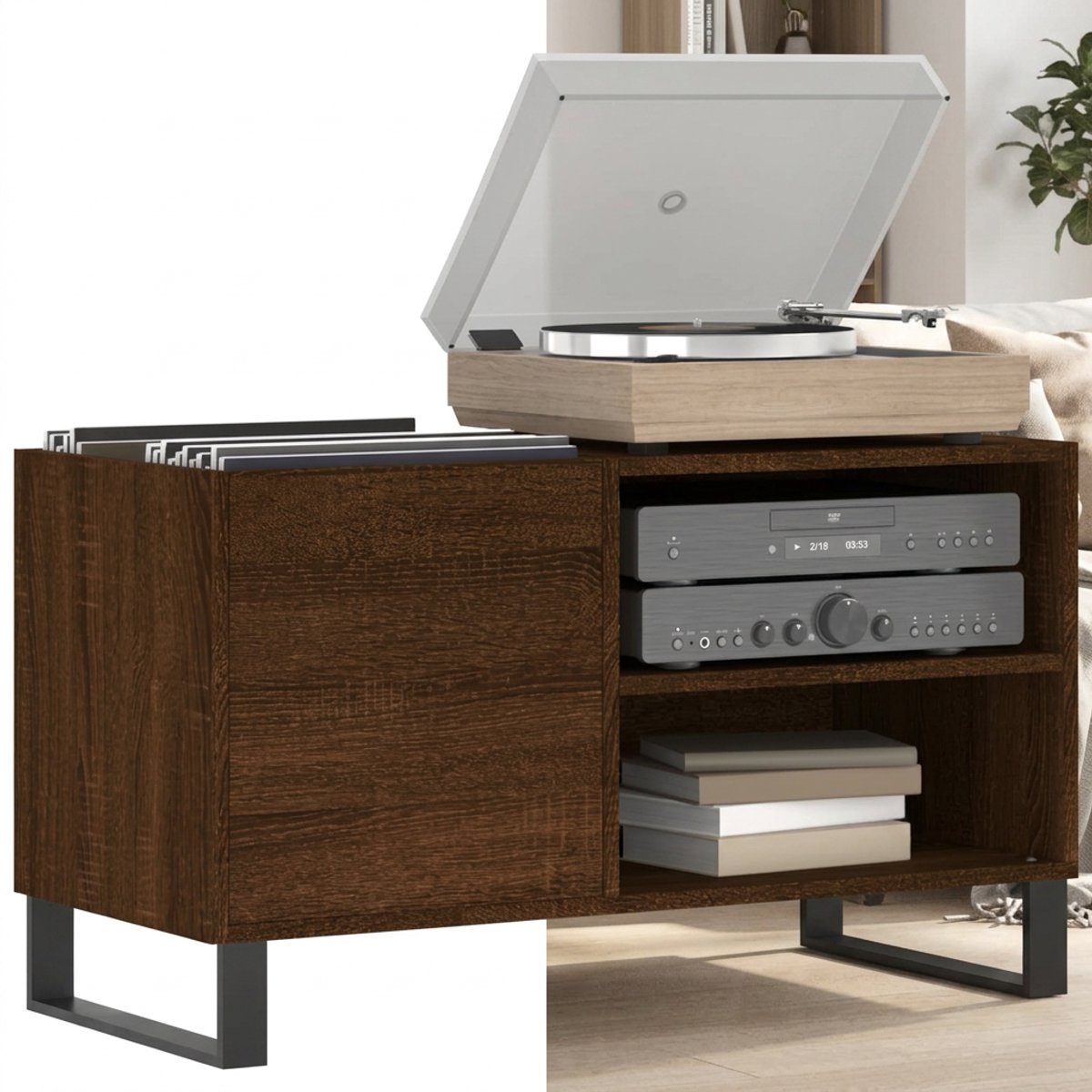 Platenspeler Meubel - LP-kast - Platenspelerkast - Draaitafelstandaard - Platenspelerstandaard - Vintage Displayplank - Bruineiken