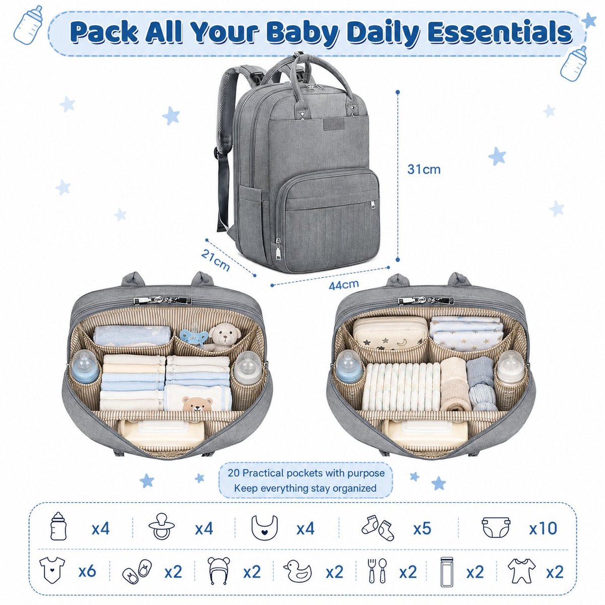 R&H® Luierrugzak voor baby's - Grote luiertas met kinderwagenriemen, luieronderlegger en geïsoleerde flessenzakken - Zwart