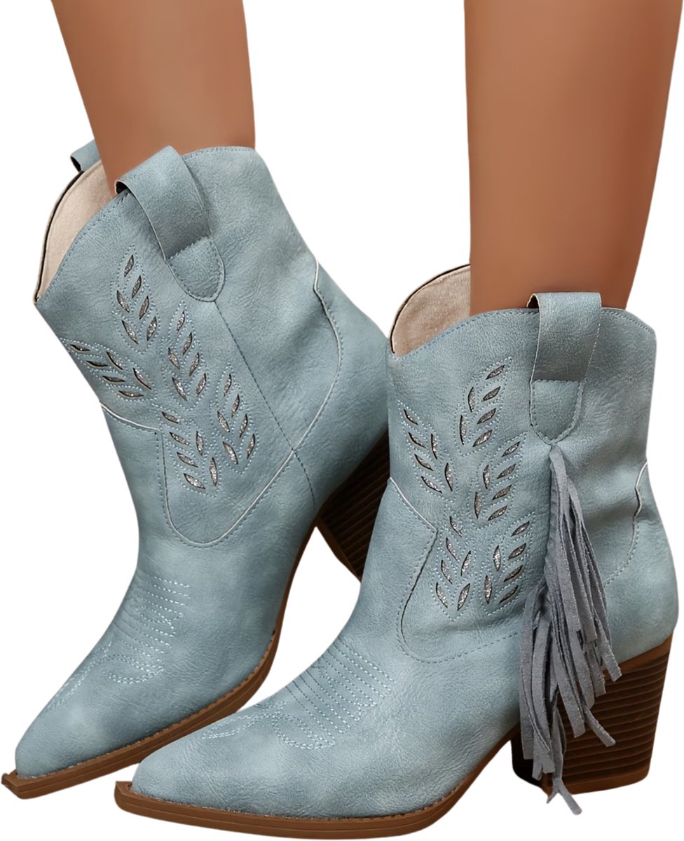 Currero Dames Cowboy Laarzen Hoge Hak Enkellaarzen Kniehoge Western Boots Chelsea 42 5 Blauw