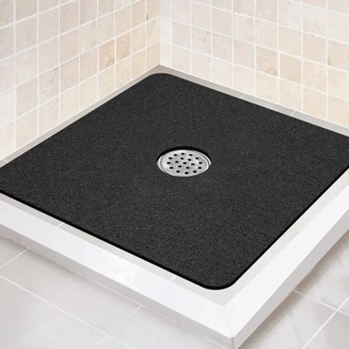 Antislip Douchemat 61 x 61 cm - Grote vierkante badmat met afvoer - Zachte loofah douchecabine mat zonder zuignappen (zwart)