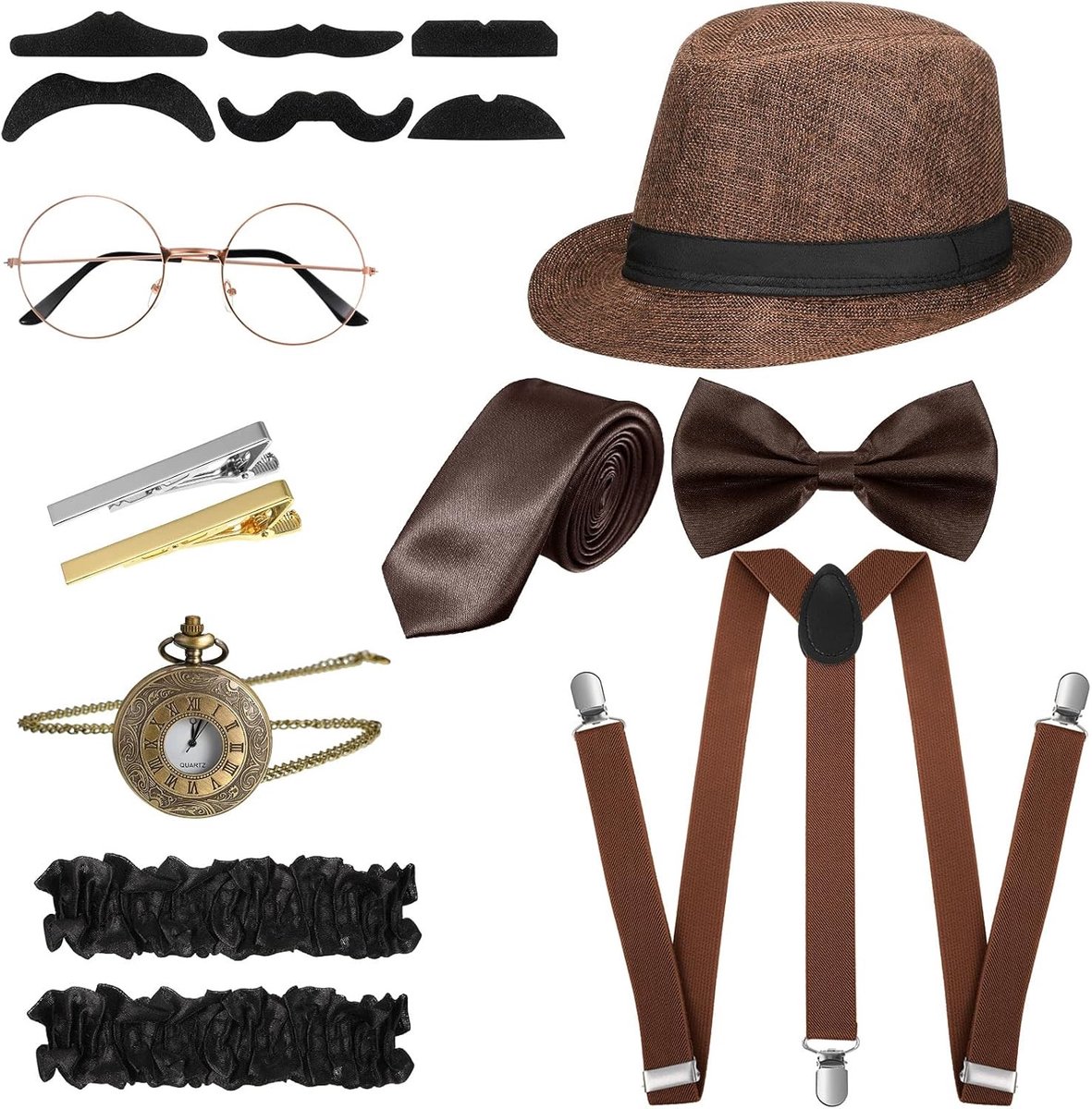 Retro Gangster Kostuum Accessoires Set voor Mannen - Hoed, Strik, Zakhorloge, Bril en Meer voor 1920s Themafeest