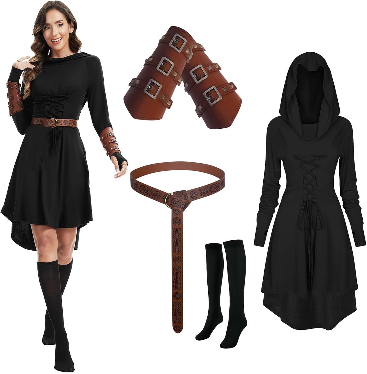 Renaissance Kostuum voor Dames met Kap, Mouwen, Riem en Kousen voor Halloween en Gothic Feesten
