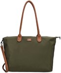 Olijfgroene shopper van Charm London met bruine handvatten en een afneembare schouderband. Een logo-embleem is zichtbaar op de voorkant.