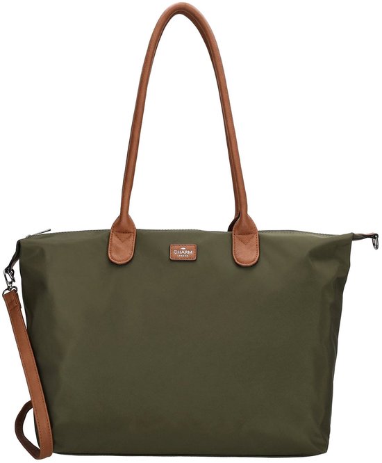 Olijfgroene shopper van Charm London met bruine handvatten en een afneembare schouderband. Een logo-embleem is zichtbaar op de voorkant.