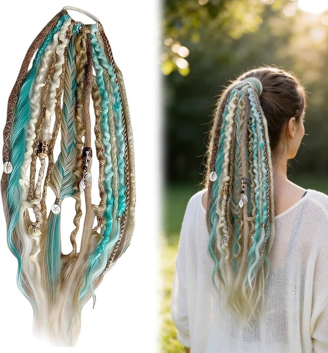 Dreadlock Ponytail van 55 cm, Handgemaakte Vlecht Extensions met Elastische Band, Boho Haarstuk voor Dames en Heren met Kralen en Schelpen in Lichtgroen, Perfect voor Festivals en Feestjes