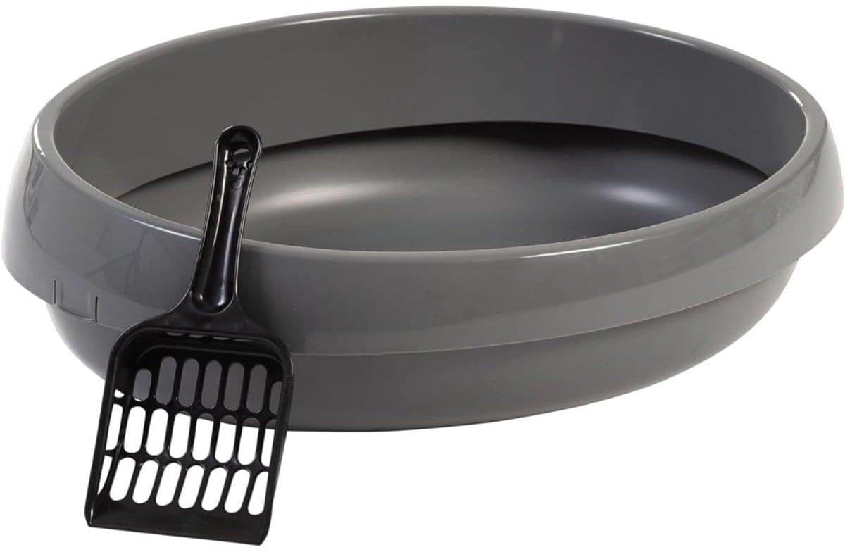 Klarven® Kattenbak Grijs - Kattenbak Schep Inbegrepen - Hoge Rand tegen Morsen, Open Ontwerp voor Ventilatie - B 48 x D 38 x H 13 cm
