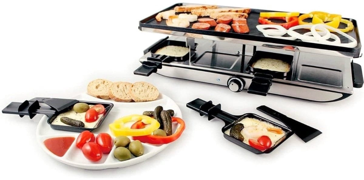 Klarven® Gourmetstel 8 Personen Zwart - Anti-aanbak Grillplaat van Gietaluminium, 1400 W - Inclusief 8 Raclette Pannetjes en Schuivers - B 51 x D 26 x H 13 cm