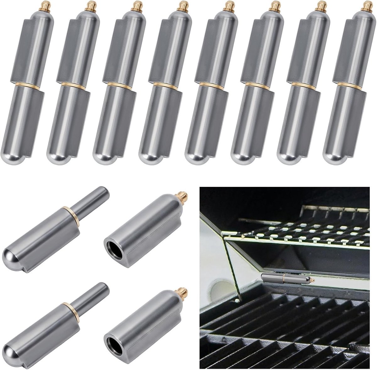 Set van 10 Robuuste Stalen Barrel Scharnieren met Messing Wasmachine, Multifunctionele Afneembare Scharnieren voor BBQ en Rookoven Deuren, 110 x 20 mm
