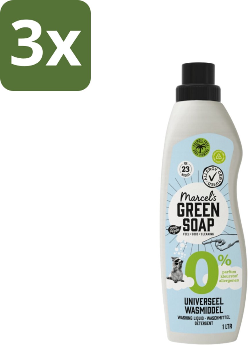 Marcel’s Green Soap – Wasmiddel – Universeel - 0% – Zonder parfum en kleurstof – 1 liter - Bulkverpakking - 3 stuks