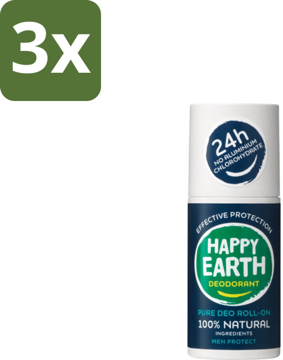 Happy Earth – Deodorant Roll-On – 100% Natuurlijk Men Protect – 75 ml - Bulkverpakking - 3 stuks