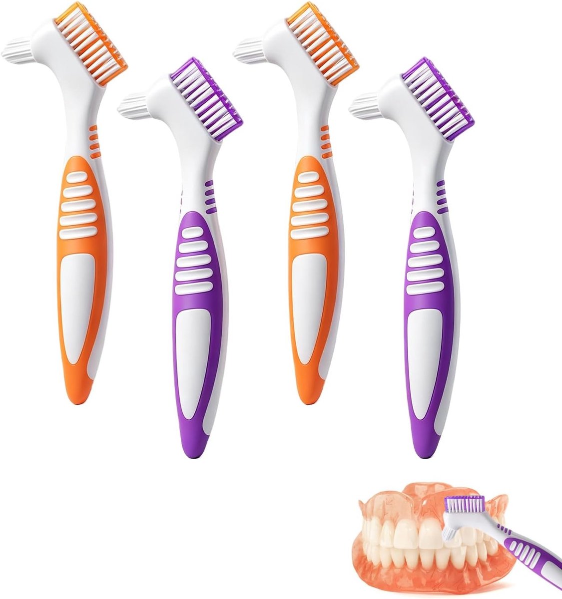 Tandenborstelset voor het reinigen van gebitsprotheses, 2-delige premium poetsborstels met meerlaagse haren en ergonomische rubberen handvatten, ideaal voor mondhygiëne en tandverzorging