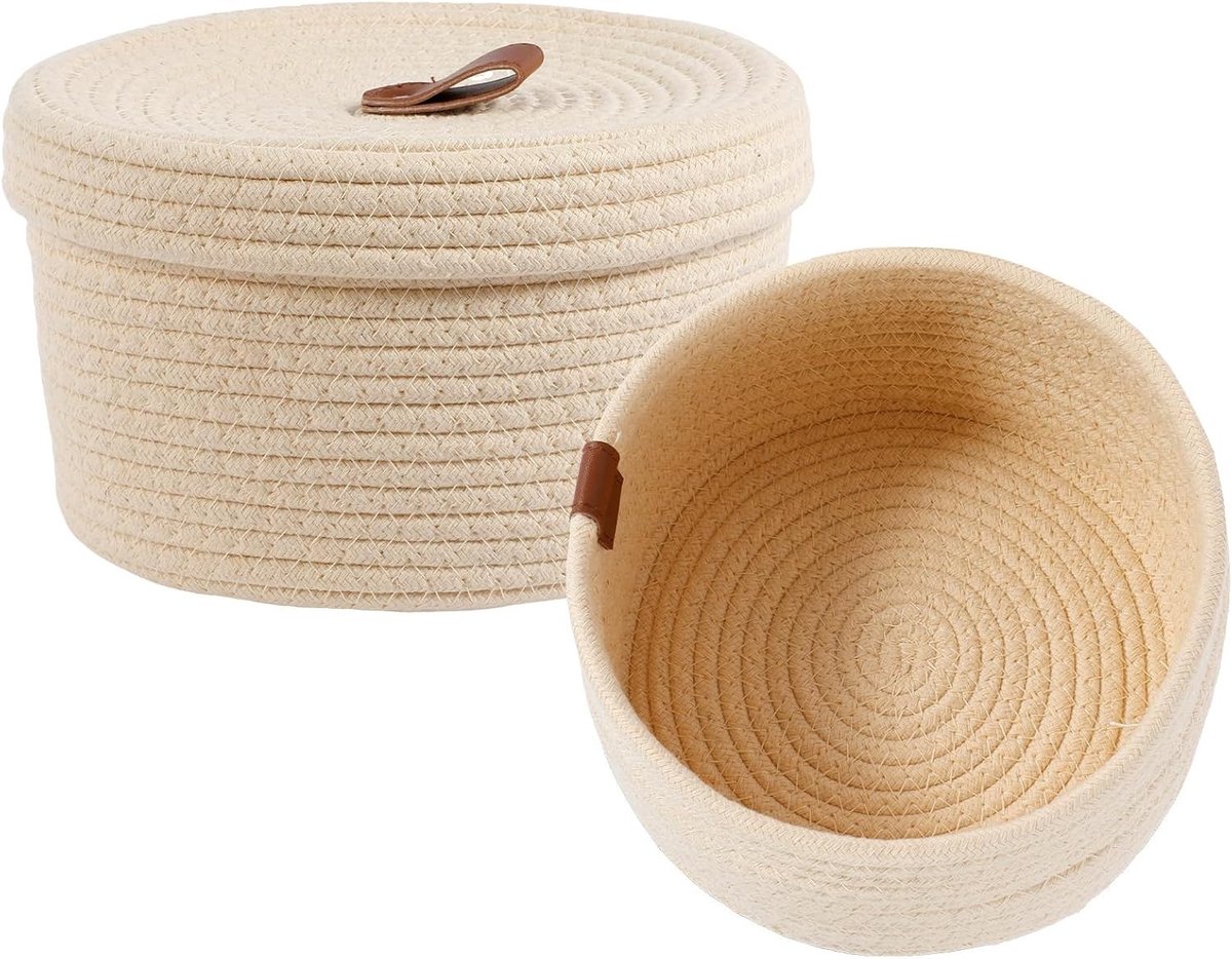 Set van 2 Opbergmanden met Deksel, Gevlochten Katoenen Touw, Stapelbaar en Multifunctioneel voor Make-up en Woonkamer, Beige Kleur