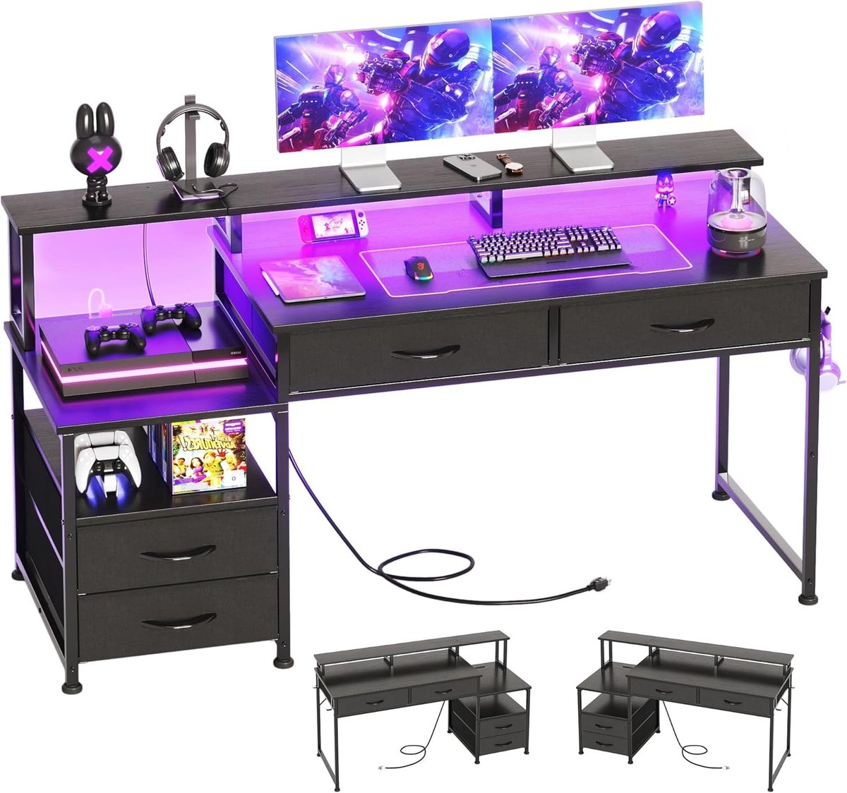 Moderne Computer Bureau met 4 Laden en Ingebouwde Stopcontacten, Verstelbaar Bureau voor Thuiswerk en Gaming met Monitor- en Printerbevestiging, Inclusief LED Verlichting voor Slaapkamer