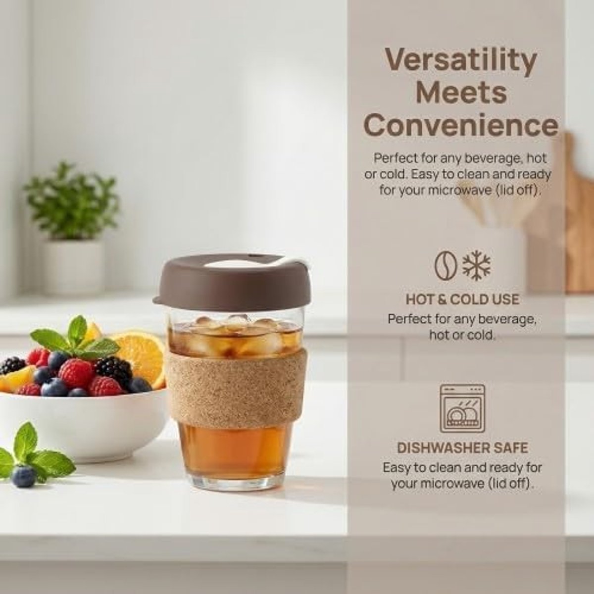 Herbruikbare 340ml Tempered Glass Koffiebeker met Kurk en Waterdichte Deksel voor Thuis en Kantoor Reizen