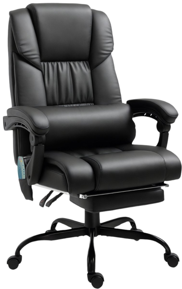 Bureaustoel 66 x 75 x 111-122 cm zwart metalen frame, fauteuil, eenpersoonsstoel, studiestoel, leesstoel, hoge rugleuning, met voetensteun, met massaatfunctie, hoogteverstelbaar, geschikt voor kantoor, studeerkamer en thuiswerken
