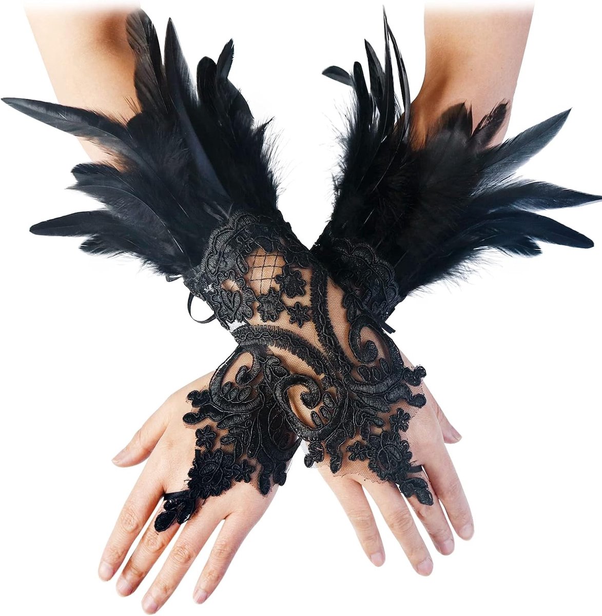 Vingerloze Lange Handschoenen met Zwarte Veren en Kanten voor Bruiloft, Halloween en Kostuums