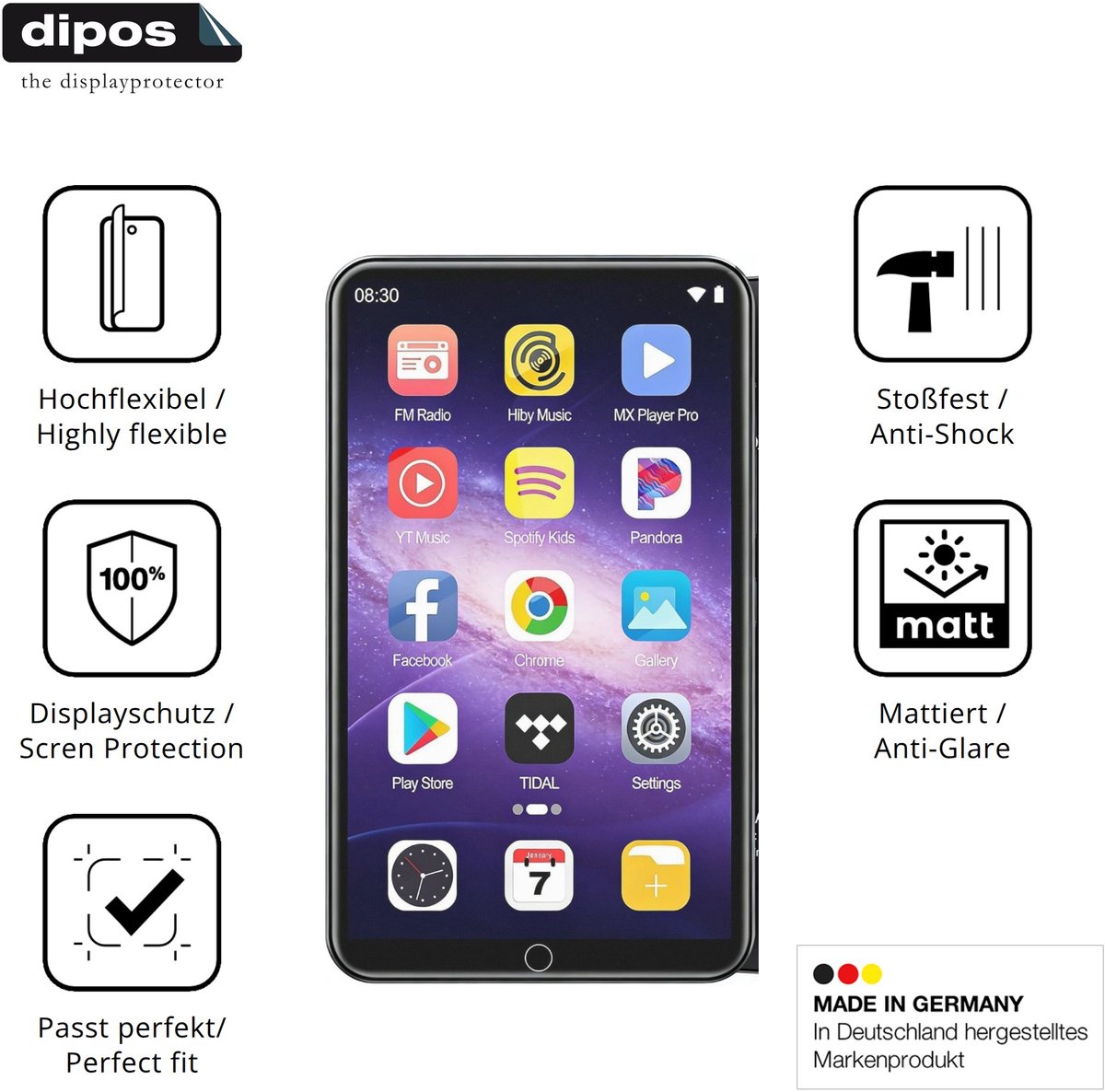 dipos FLEX – 2x Matte Screenprotector geschikt voor Diofox M8 MP3 Player | Volledige Schermbescherming | Case-Friendly