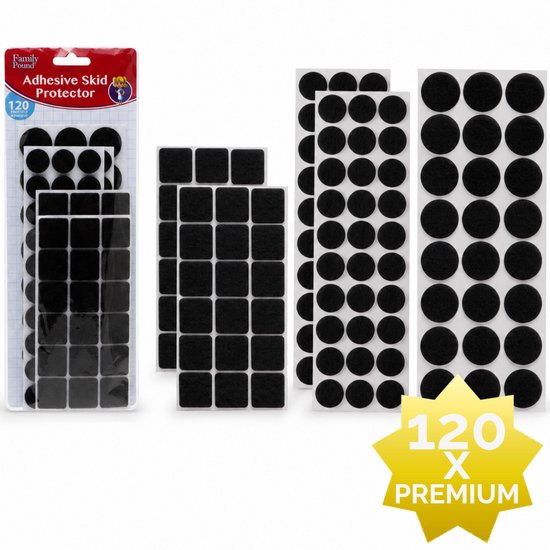 Family Pound 120x Premium Zelfklevende Viltjes Stoelpoten, zwart, rond en vierkant.