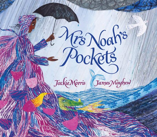 Une illustration du livre pour enfants 'Mrs Noah's Pockets' avec une femme portant un imperméable, un parapluie et un oiseau.