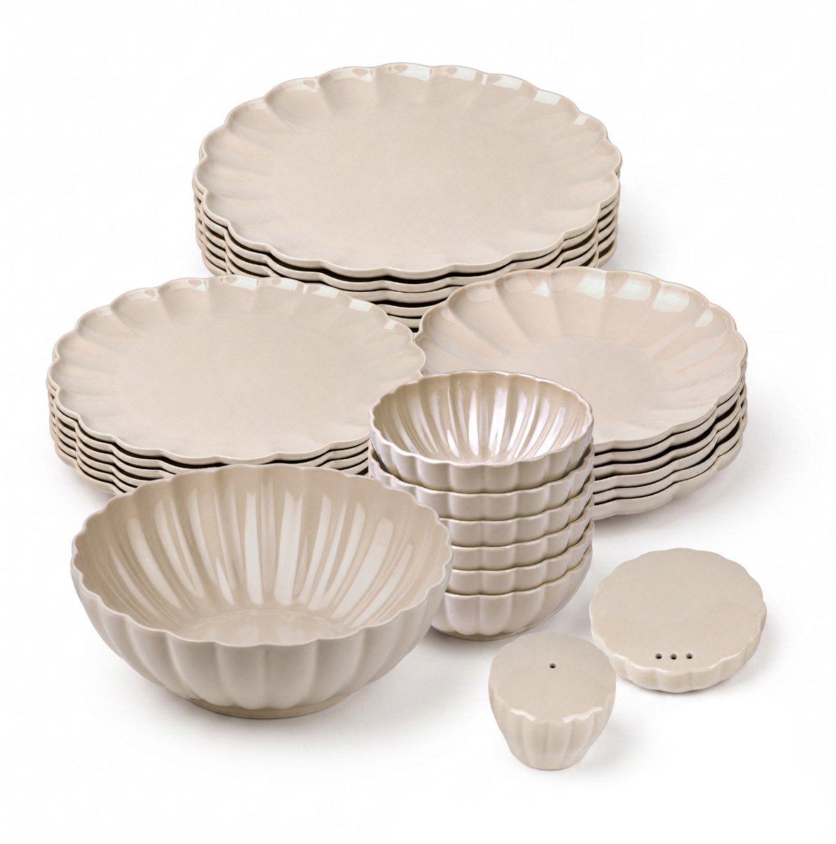 OZ Home Serviesset 27-delig – Crème Beige Porseleinen Servies voor 6 Personen – Bloemvormige Bordenset met Serveerschaal en Zout- & Peperstel