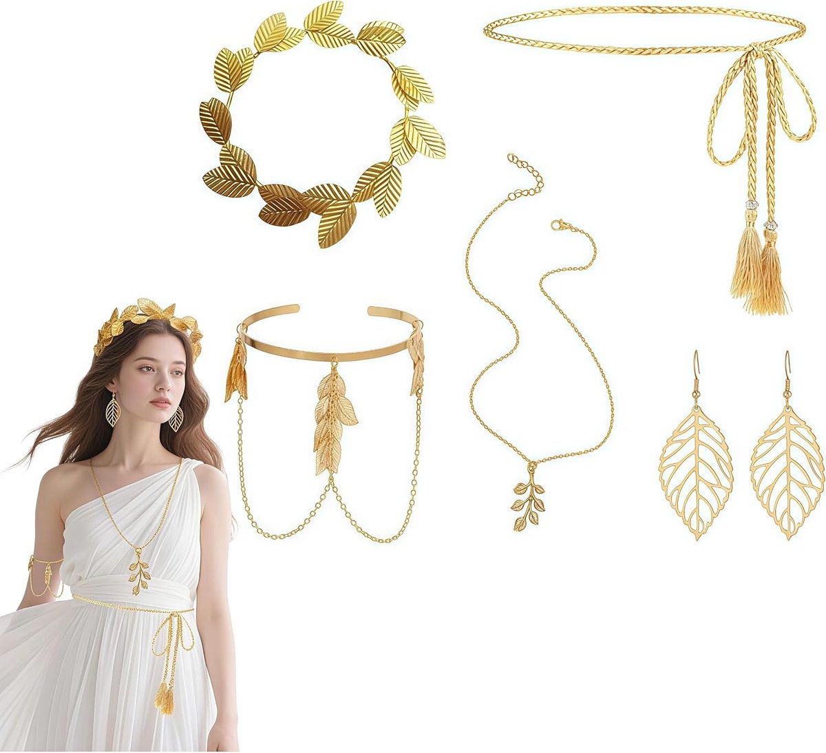Complete Set van Griekse Godin Kostuum Accessoires met Gouden Lauriertak Hoofdband, Tassel Tailleketting, Oorbellen en Armring voor Feest, Bruiloft en Halloween Cosplay