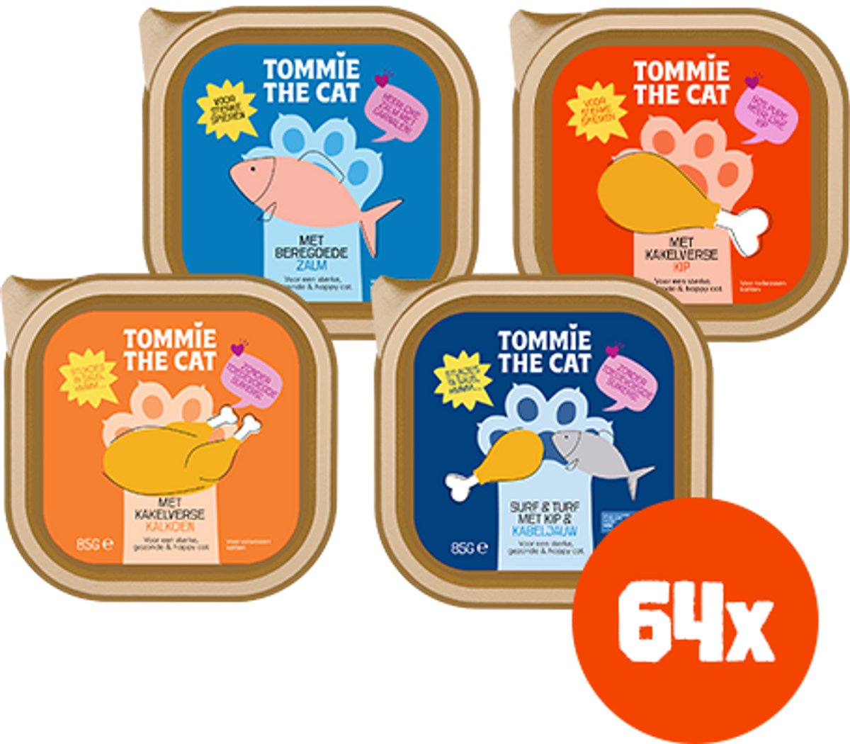 Tommie the Cat - 64 x 85gr - stukjes in saus & paté mix smaken - kattenvoer natvoer - voordeel verpakking - zonder suiker en graanvrij