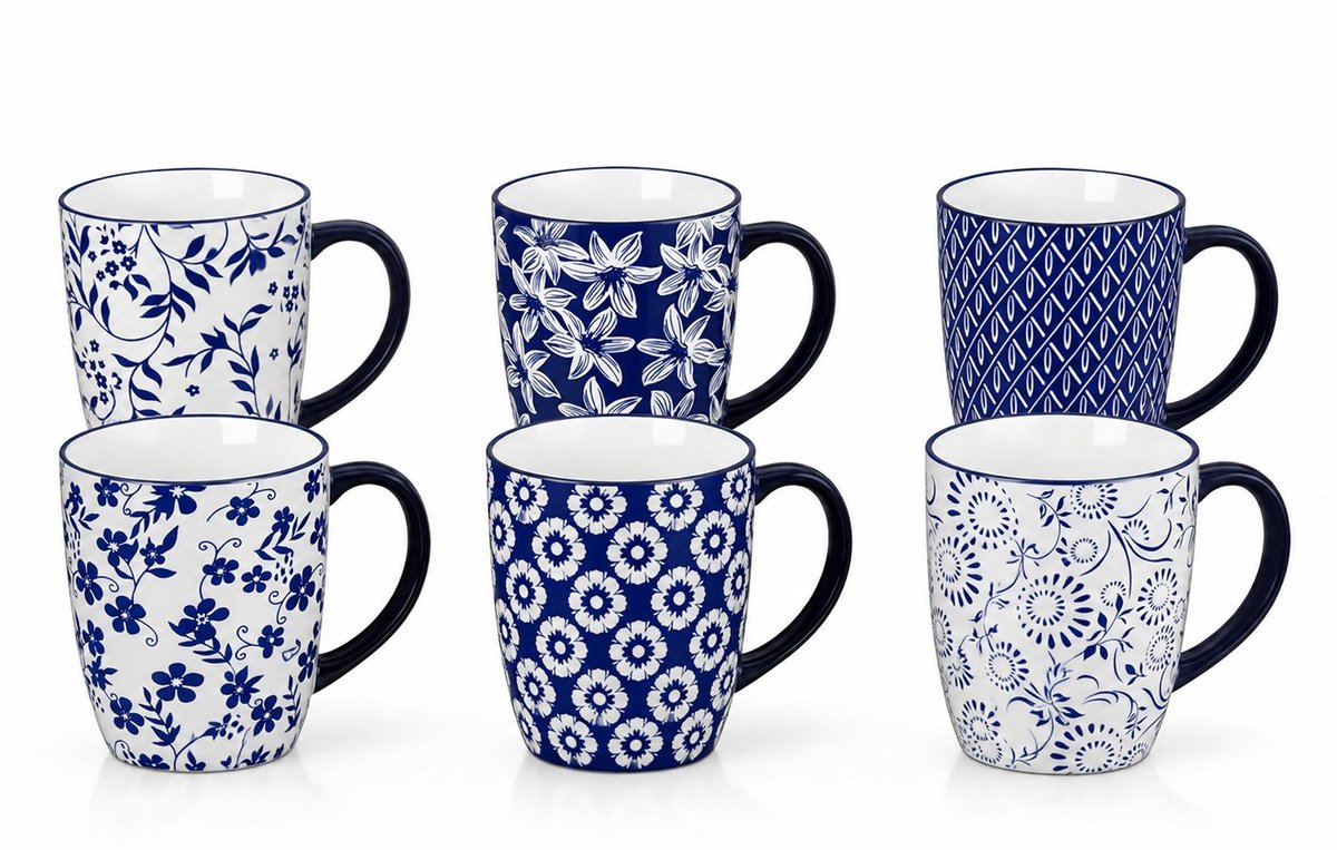 R&H® SELENE Koffiekopjes 6-delig, Porseleinen Koffiekopjes met Oor, 360 ml, Blauw-Wit Vintage Design, Magnetron & Vaatwasser Bestendig