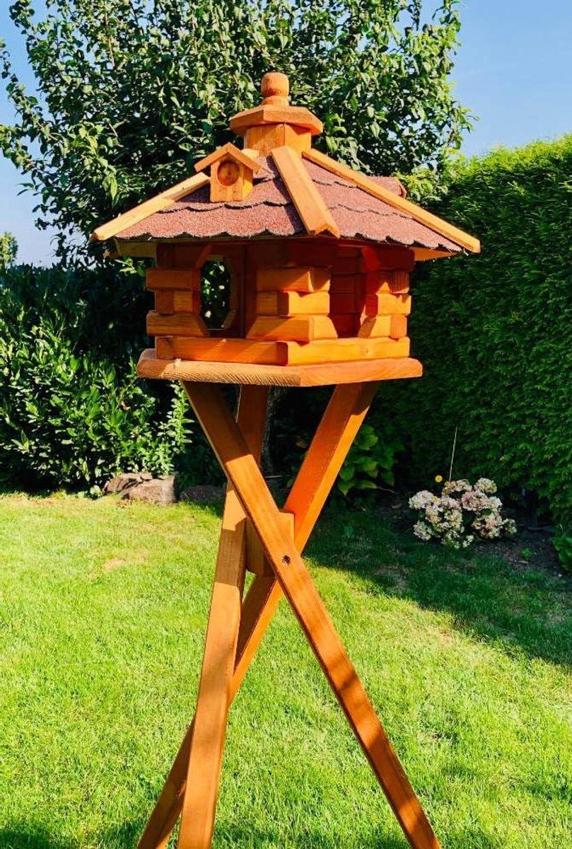 Vogelhuis Hout - Voederhuisje Tuin - Vogels Voeren - Zeshoekig Ontwerp - 47 cm Dak - Bruin Dak Rood