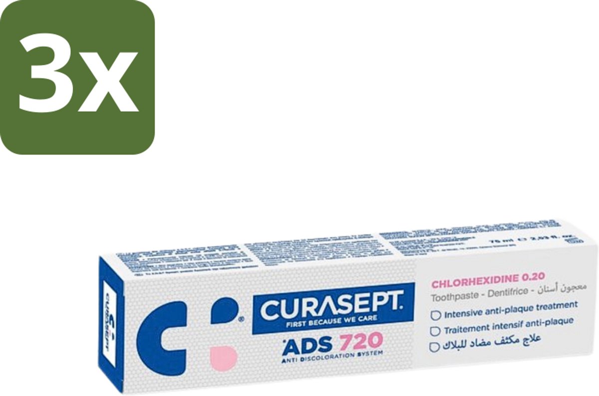 Curasept - ADS 720 Gel-Tandpasta - Chloorhexidine 0.20% - Beschermt Tandvlees & Tanden - 75 ml - Bulkverpakking - 3 stuks