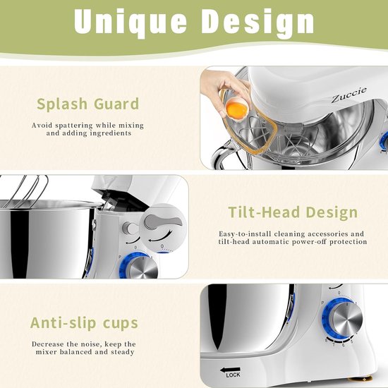 Keukenmachine - Kneedmachine Mixer - Bakken en Koken - Stille Krachtige Motor - 5.2 Liter Kom - Wit — afbeelding 3