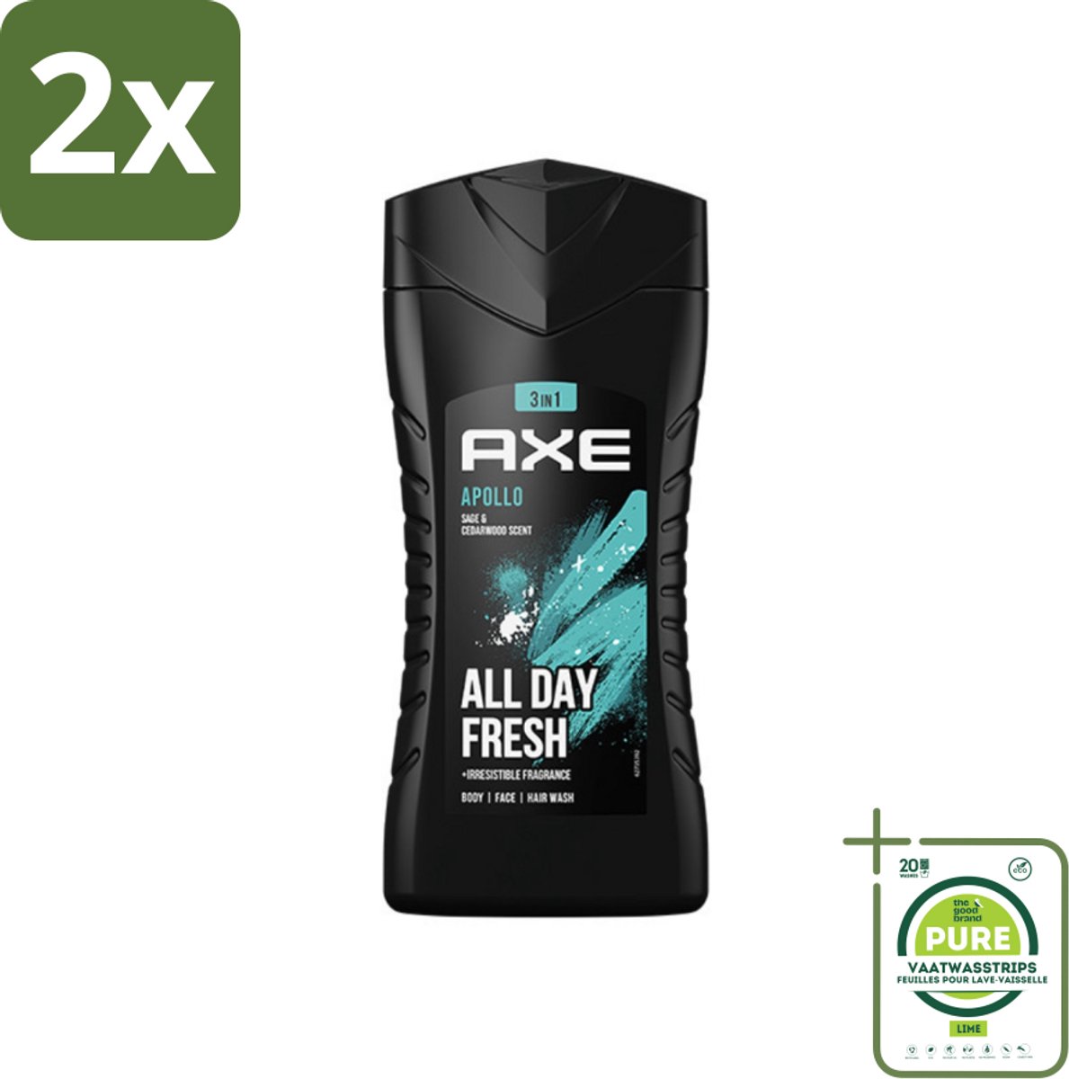 Axe - 3-in-1 Douchegel - Apollo - Sage & Cedarwood - 250 ml - Voordeelverpakking - 2 stuks - Douchegel - Mannelijke geur