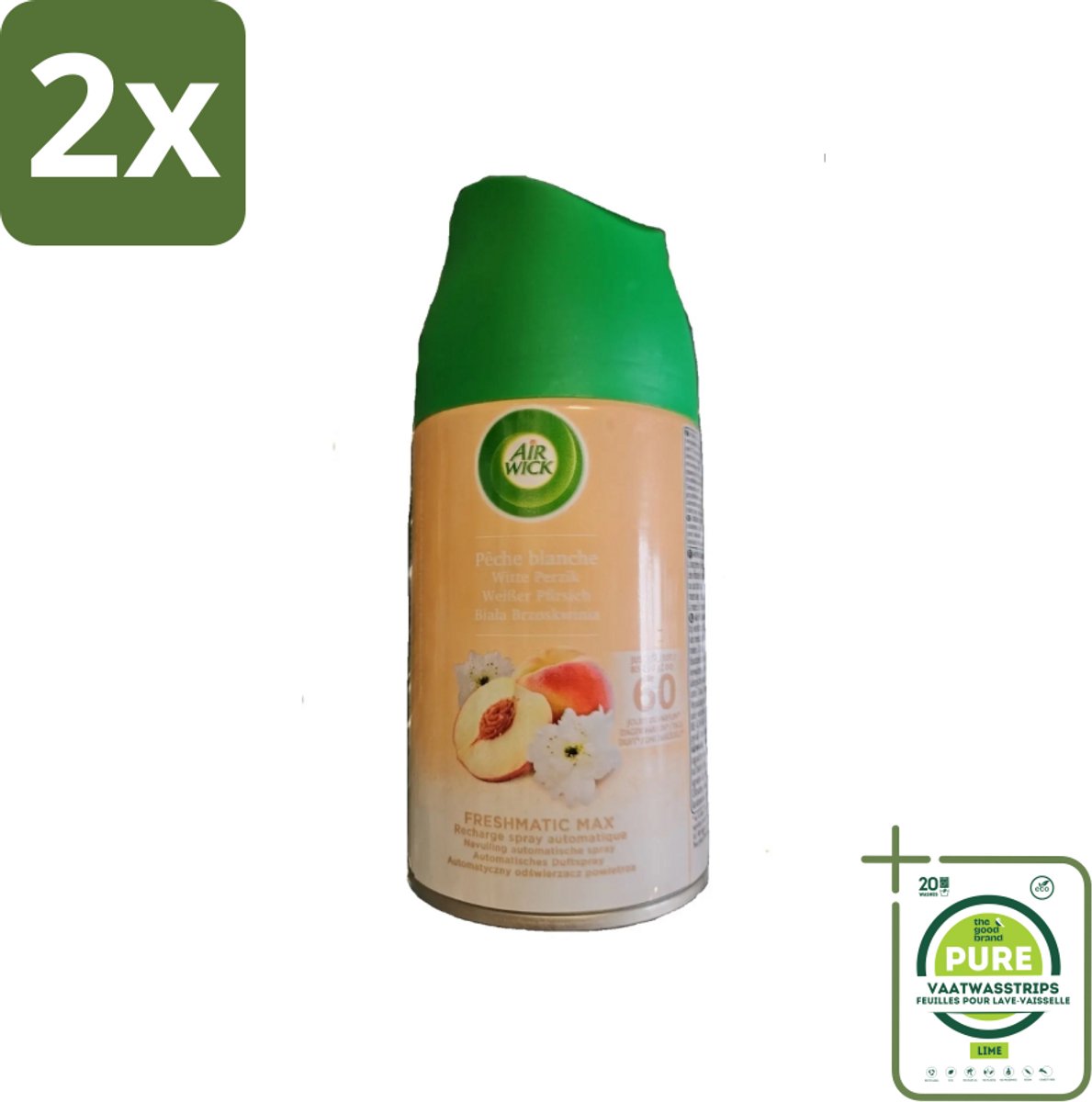 Air Wick - Luchtverfrisser Navulling - Witte Perzik - Automatische Spray - 250 ml - Voordeelverpakking - 2 stuks - Air Wick Freshmatic - Witte perzik