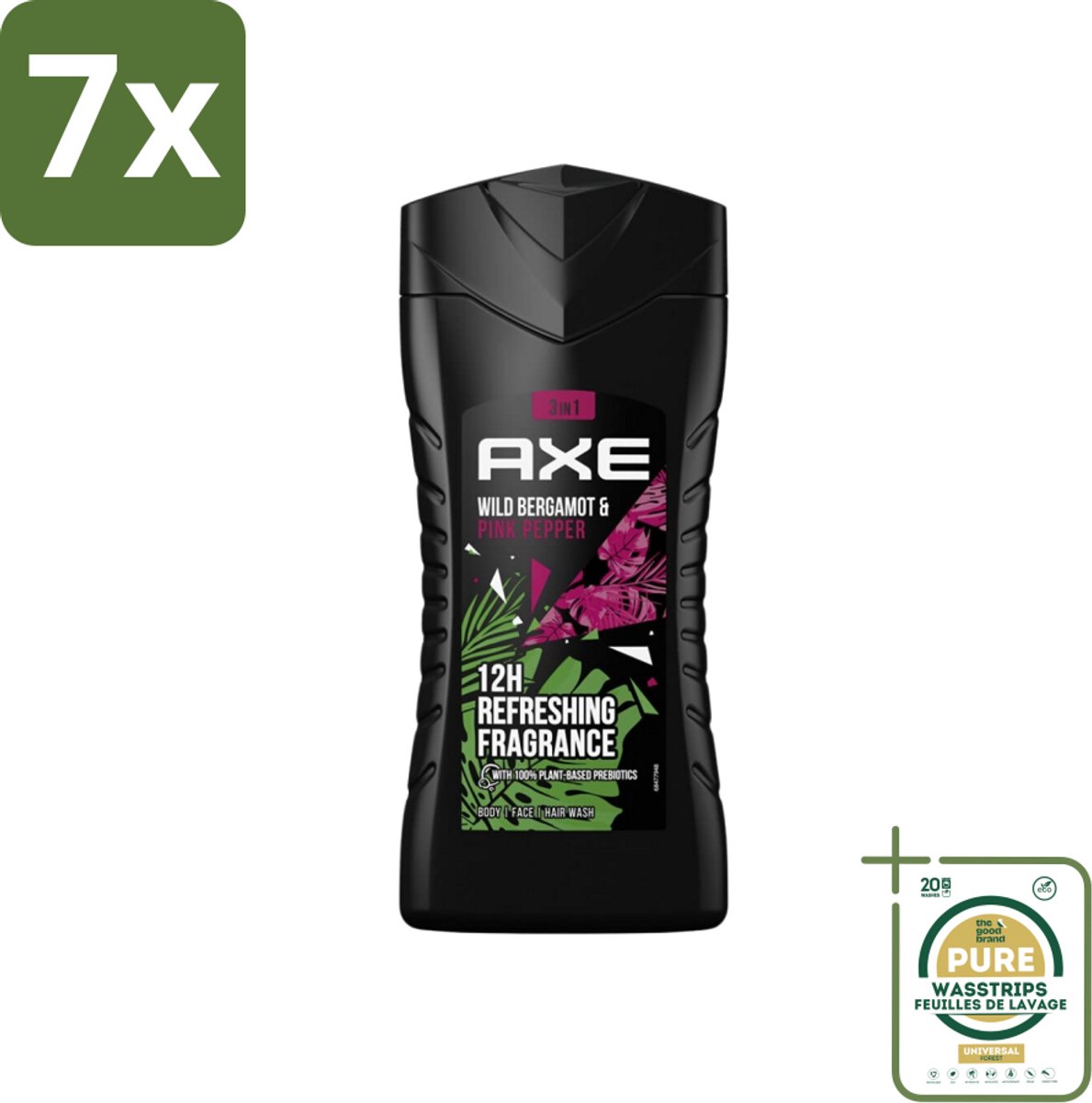 7 x Axe - 3-in-1 Douchegel - Wild Bergamot & Pink Pepper - 100% Plantaardig - 250 ml - Grootverpakking - Douchegel - 3-in-1 - Lichaam - Gezicht - Haar