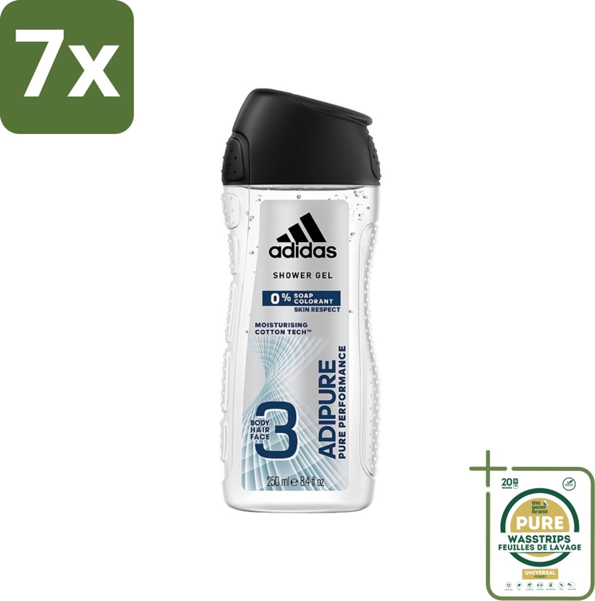 7 x Adidas - 3-in-1 Douchegel - Adipure Pure Performance - Huidvriendelijk - 0% Zeep Kleurstof - 250 ml - Grootverpakking - Adidas Adipure Douche & Shampoo - 0% Zeep - Huidvriendelijk - Lichaam En Haar Verzorging - Dermatologisch Getest