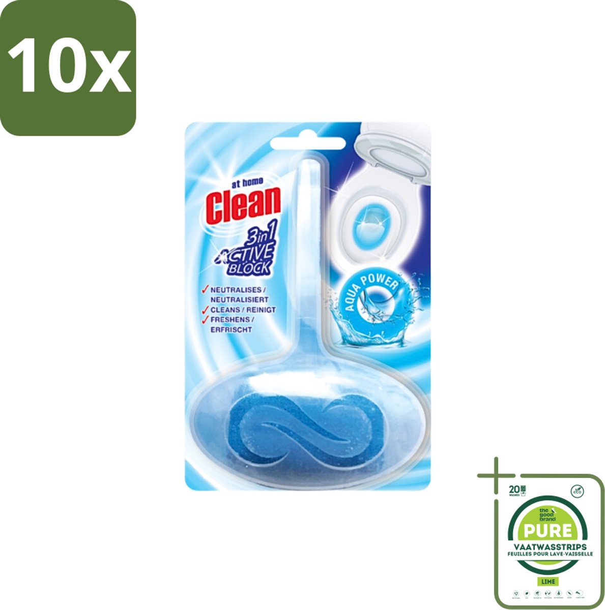 10 x At Home - Clean - Toiletblok - 3in1 Active - Aqua Power - Neutraliseert & Reinigt - 1 Blok - Grootverpakking - Toiletblok - Reinigen - Neutraliseren - Frisheid - Geuren Neutraliseren