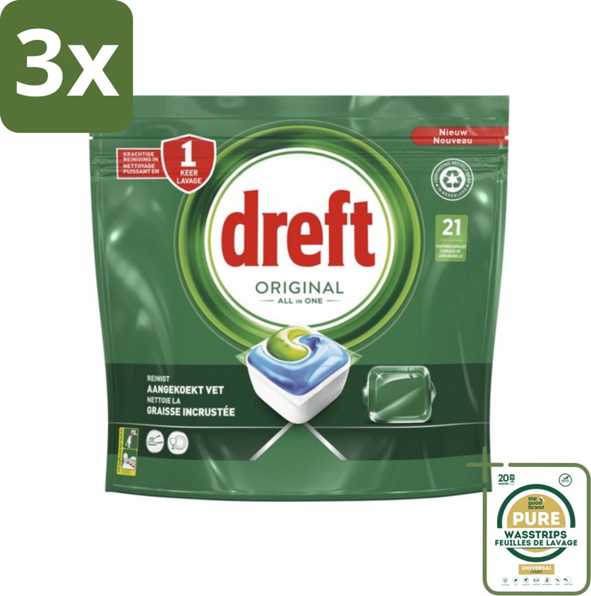 3 x Dreft - Original All In One - Vaatwascapsules - Tegen Aangekoekt Vet - 21 Capsules - Grootverpakking - Vaatwasser - Vaatwascapsules - Reiniging - Vetoplossing - Aangekoekt Vet